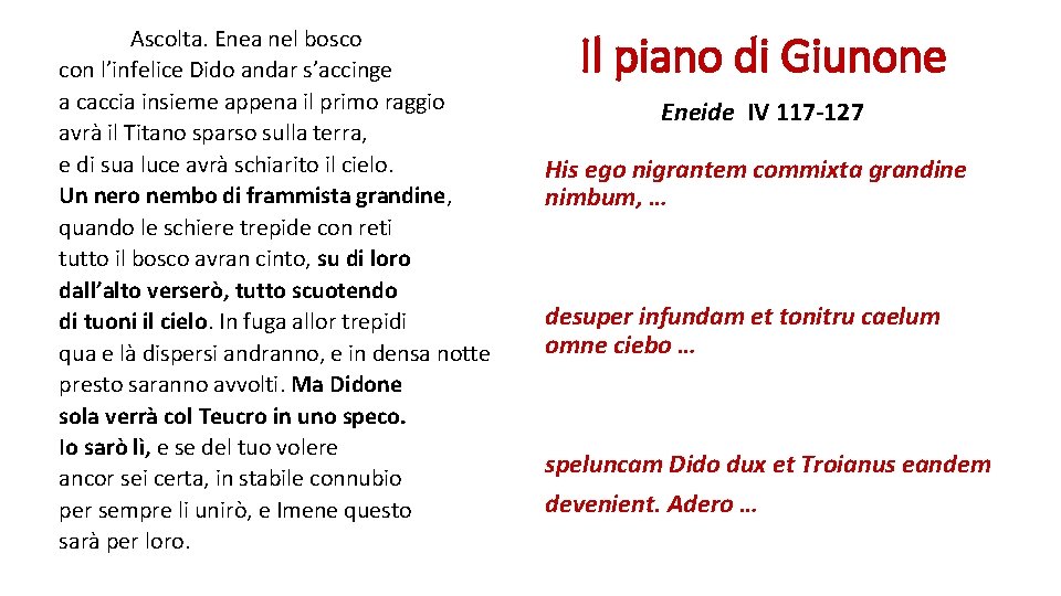 Ascolta. Enea nel bosco con l’infelice Dido andar s’accinge a caccia insieme appena il
