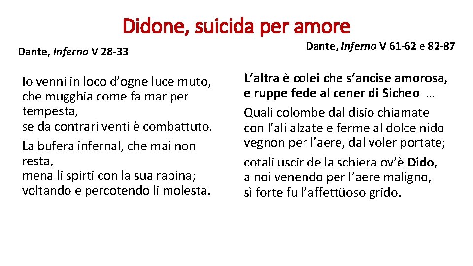 Didone, suicida per amore Dante, Inferno V 28 -33 Io venni in loco d’ogne