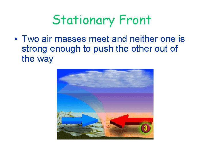 Stationary Front • Two air masses meet and neither one is strong enough to