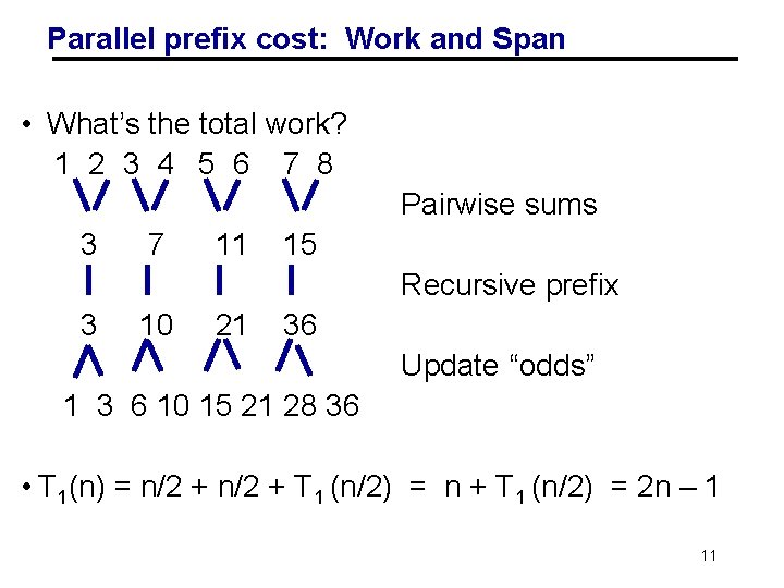 Parallel prefix cost: Work and Span • What’s the total work? 1 2 3