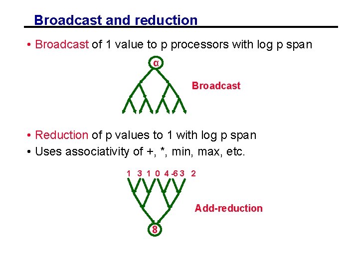 Broadcast and reduction • Broadcast of 1 value to p processors with log p