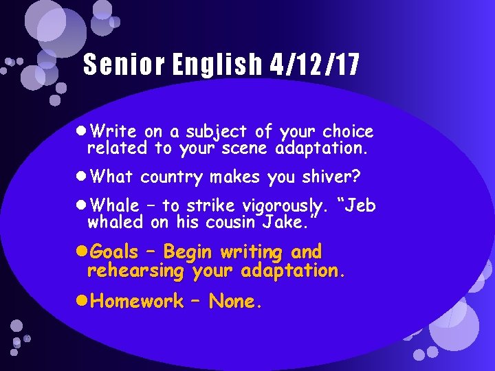 Senior English 4/12/17 Write on a subject of your choice related to your scene