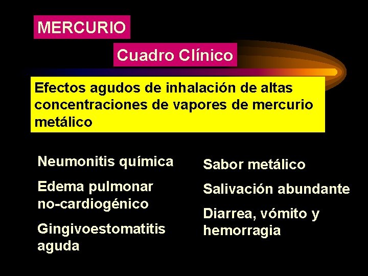 MERCURIO Cuadro Clínico Efectos agudos de inhalación de altas concentraciones de vapores de mercurio