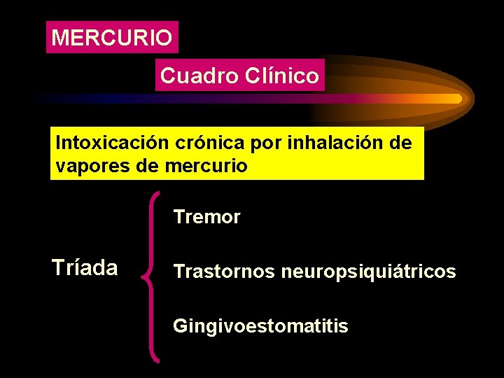 MERCURIO Cuadro Clínico Intoxicación crónica por inhalación de vapores de mercurio Tremor Tríada Trastornos