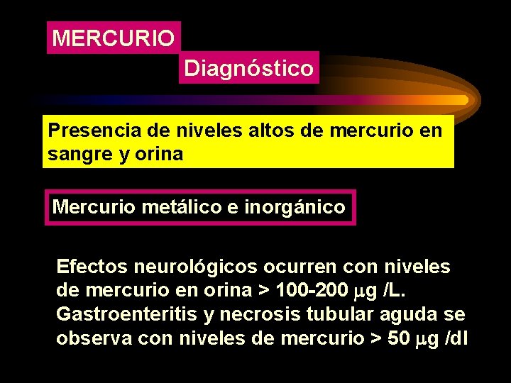 MERCURIO Diagnóstico Presencia de niveles altos de mercurio en sangre y orina Mercurio metálico