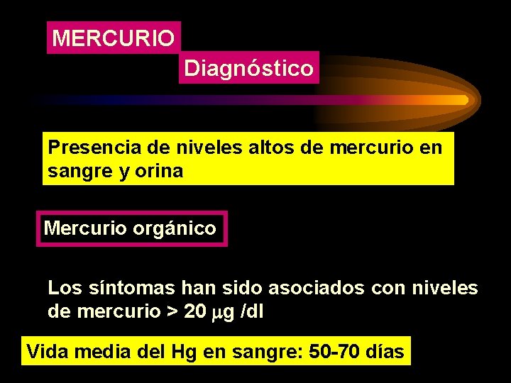 MERCURIO Diagnóstico Presencia de niveles altos de mercurio en sangre y orina Mercurio orgánico