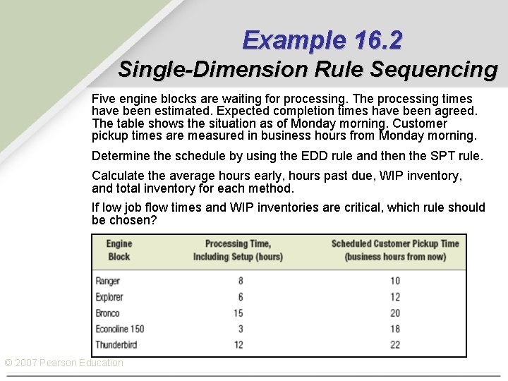 Example 16. 2 Single-Dimension Rule Sequencing Five engine blocks are waiting for processing. The