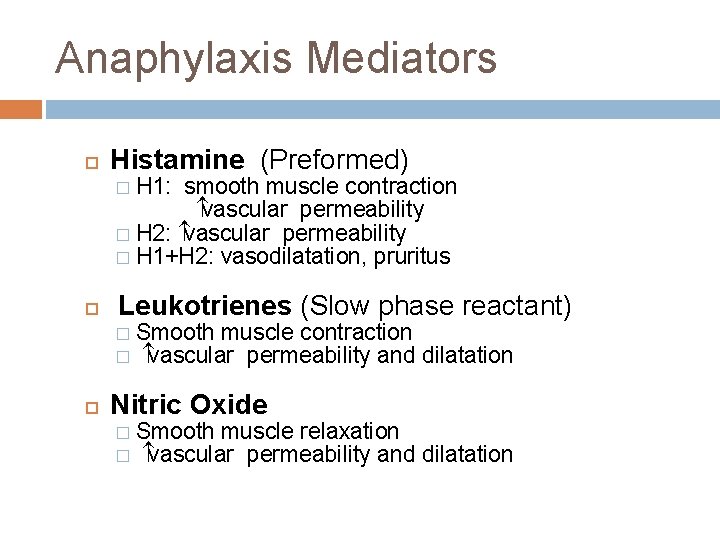 Anaphylaxis Mediators Histamine (Preformed) H 1: smooth muscle contraction vascular permeability � H 2: