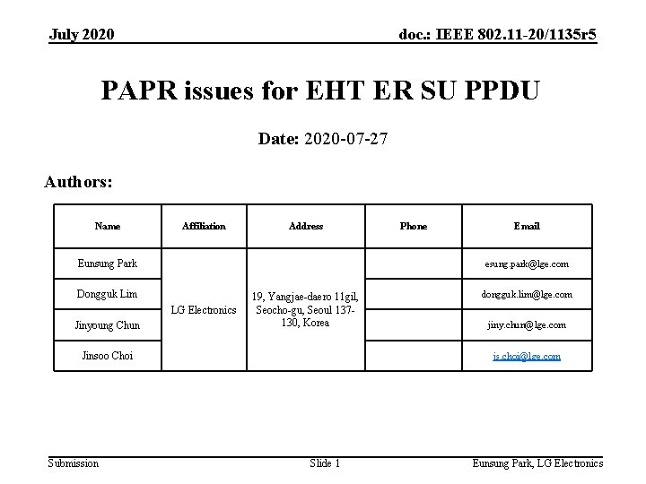 July 2020 doc. : IEEE 802. 11 -20/1135 r 5 PAPR issues for EHT