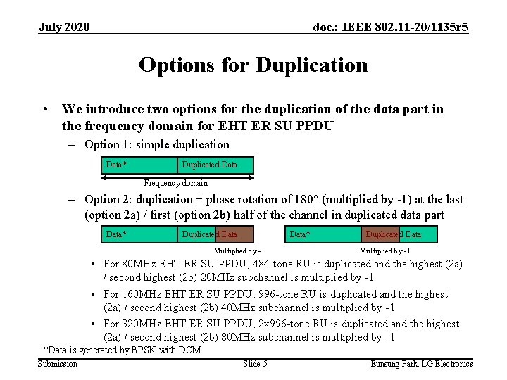 July 2020 doc. : IEEE 802. 11 -20/1135 r 5 Options for Duplication •