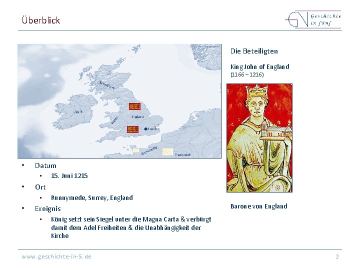 Überblick Die Beteiligten King John of England (1166 – 1216) • Datum • •