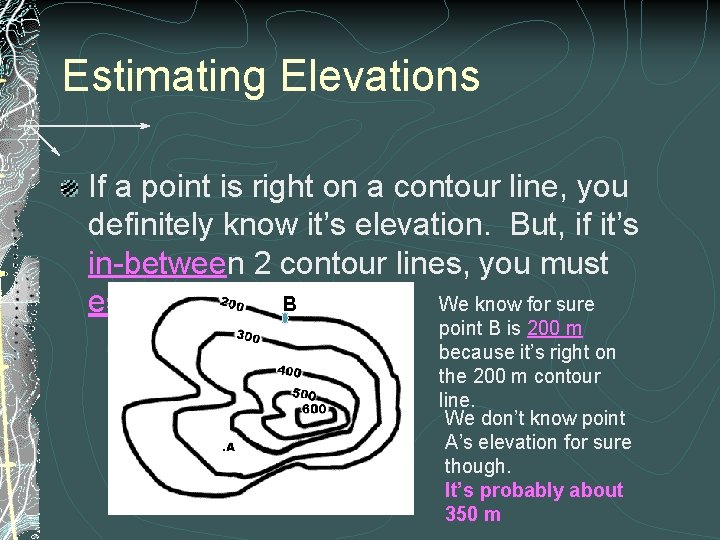 Estimating Elevations If a point is right on a contour line, you definitely know