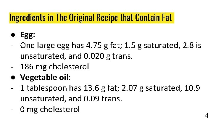Ingredients in The Original Recipe that Contain Fat ● Egg: - One large egg Ingredients in The Original Recipe that Contain Fat ● Egg: - One large egg