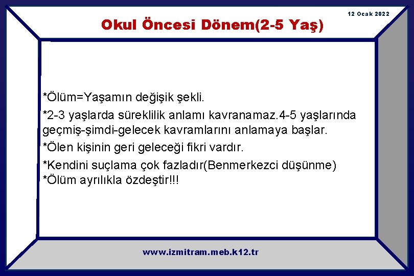 Okul Öncesi Dönem(2 -5 Yaş) 12 Ocak 2022 *Ölüm=Yaşamın değişik şekli. *2 -3 yaşlarda