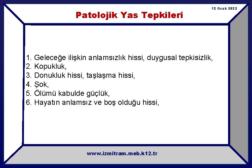 Patolojik Yas Tepkileri 12 Ocak 2022 1. Geleceğe ilişkin anlamsızlık hissi, duygusal tepkisizlik, 2.