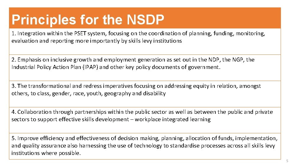 Principles for the NSDP 1. Integration within the PSET system, focusing on the coordination