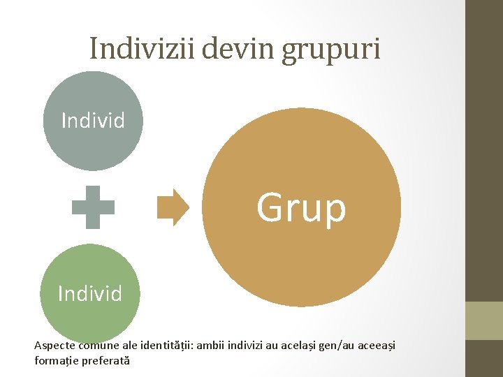 Indivizii devin grupuri Individ Grup Individ Aspecte comune ale identității: ambii indivizi au același