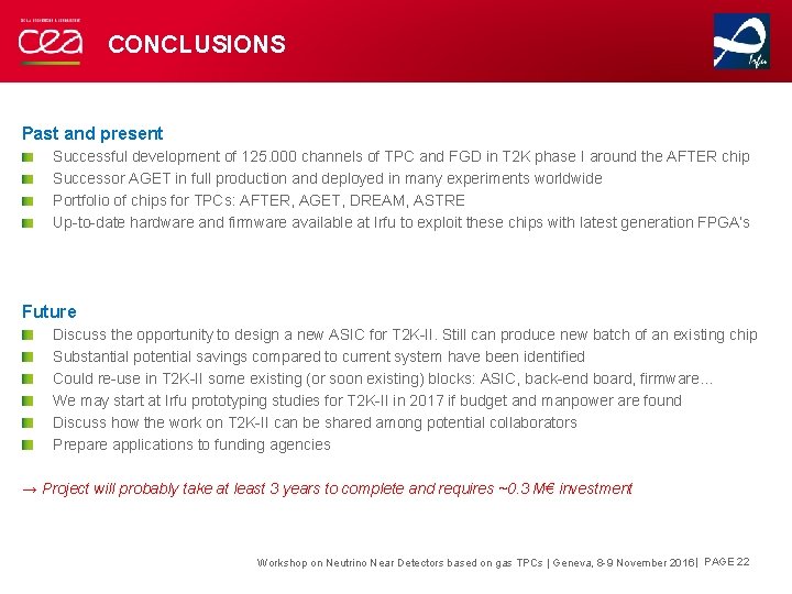 CONCLUSIONS Past and present Successful development of 125. 000 channels of TPC and FGD