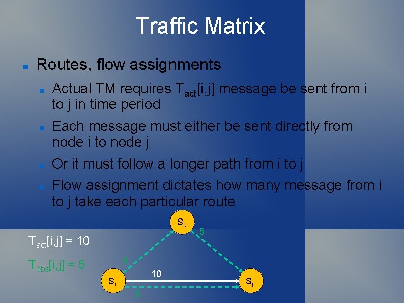 Traffic Matrix Routes, flow assignments Actual TM requires Tact[i, j] message be sent from