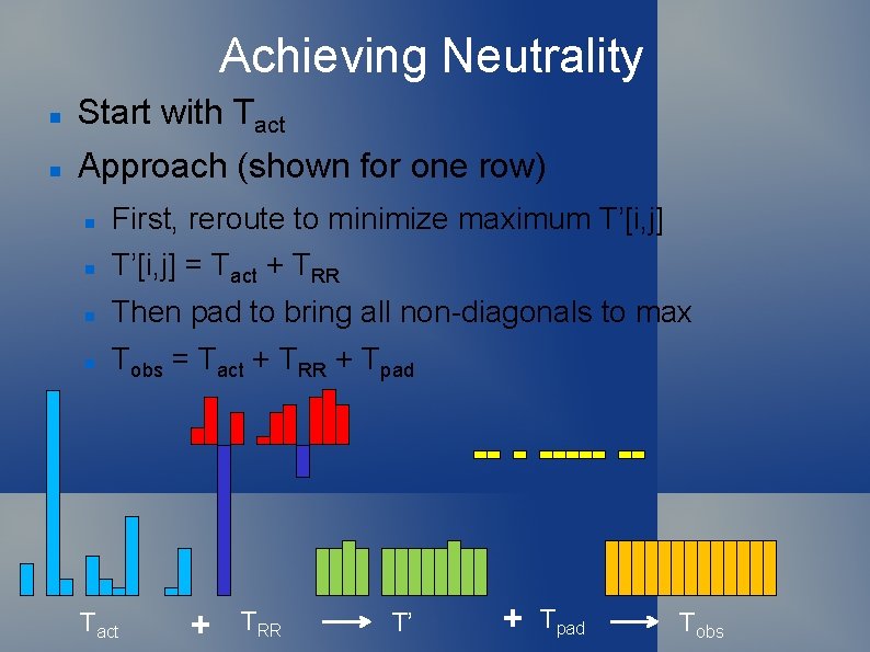 Achieving Neutrality Start with Tact Approach (shown for one row) First, reroute to minimize