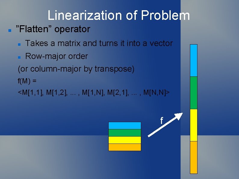Linearization of Problem ”Flatten” operator Takes a matrix and turns it into a vector
