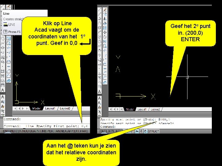 Klik op Line Acad vaagt om de coordinaten van het 1 e punt. Geef