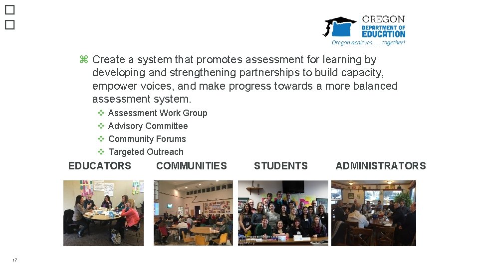 � � z Create a system that promotes assessment for learning by developing and