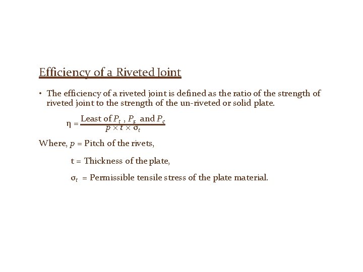 Efficiency of a Riveted Joint • The efficiency of a riveted joint is defined