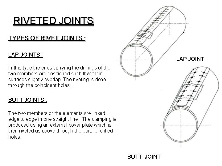 RIVETED JOINTS TYPES OF RIVET JOINTS : LAP JOINTS : LAP JOINT In this