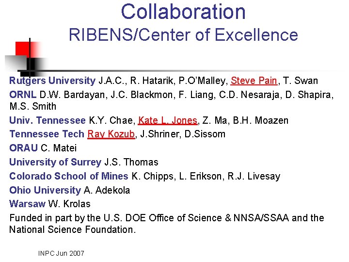 Collaboration RIBENS/Center of Excellence Rutgers University J. A. C. , R. Hatarik, P. O’Malley,