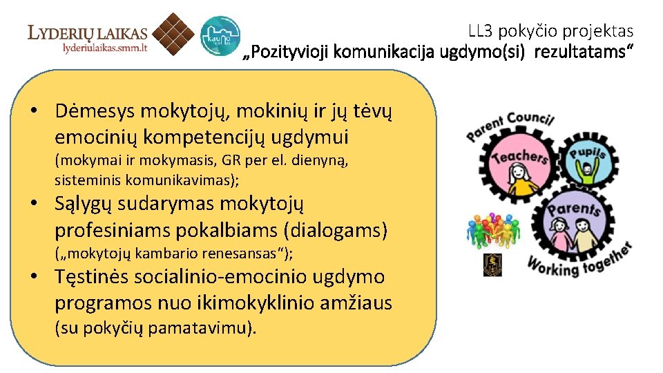 LL 3 pokyčio projektas „Pozityvioji komunikacija ugdymo(si) rezultatams“ • Dėmesys mokytojų, mokinių ir jų