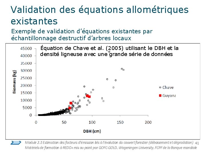 Validation des équations allométriques existantes Exemple de validation d’équations existantes par échantillonnage destructif d’arbres