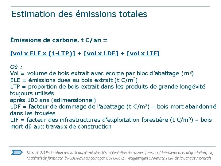 Estimation des émissions totales Émissions de carbone, t C/an = [vol x ELE x