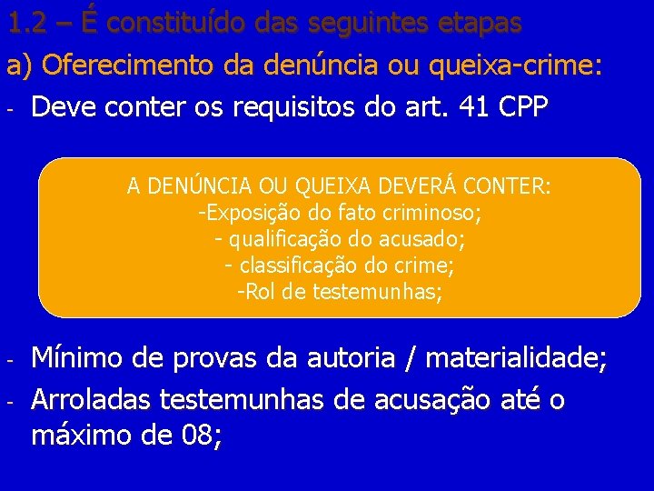 1. 2 – É constituído das seguintes etapas a) Oferecimento da denúncia ou queixa-crime: