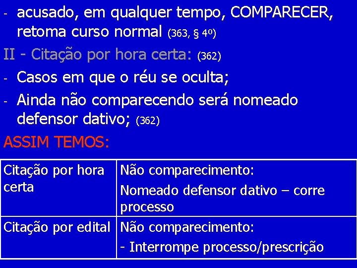acusado, em qualquer tempo, COMPARECER, retoma curso normal (363, § 4º) II - Citação