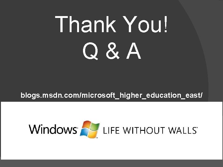 Thank You! Q&A blogs. msdn. com/microsoft_higher_education_east/ 