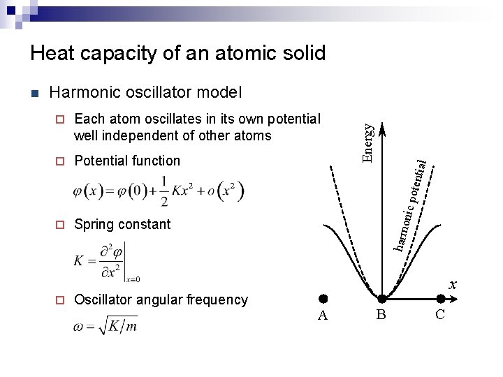 Heat capacity of an atomic solid Harmonic oscillator model ¨ Potential function ¨ Spring