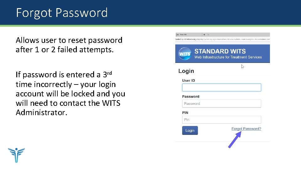 Forgot Password Allows user to reset password after 1 or 2 failed attempts. If