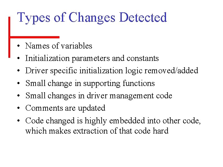 Types of Changes Detected • • Names of variables Initialization parameters and constants Driver