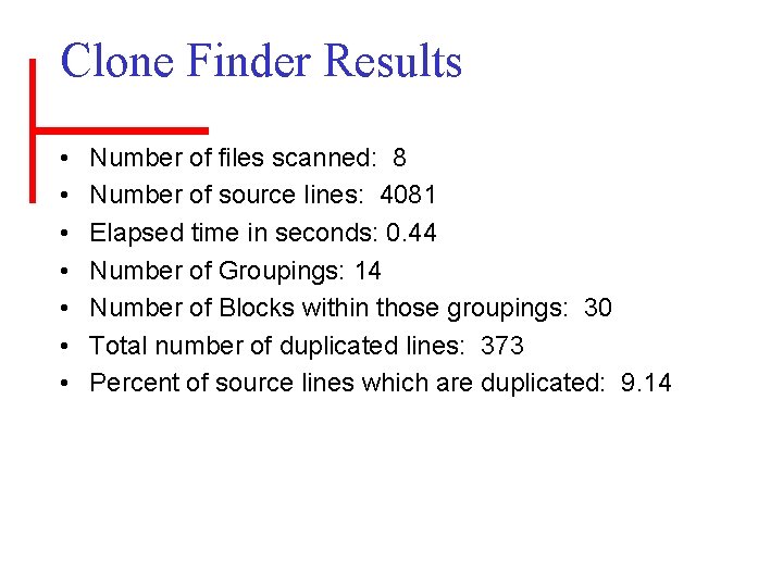 Clone Finder Results • • Number of files scanned: 8 Number of source lines: