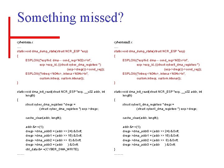 Something missed? cyberstorm. c …. static void dma_dump_state(struct NCR_ESP *esp) { ESPLOG(("esp%d: dma --