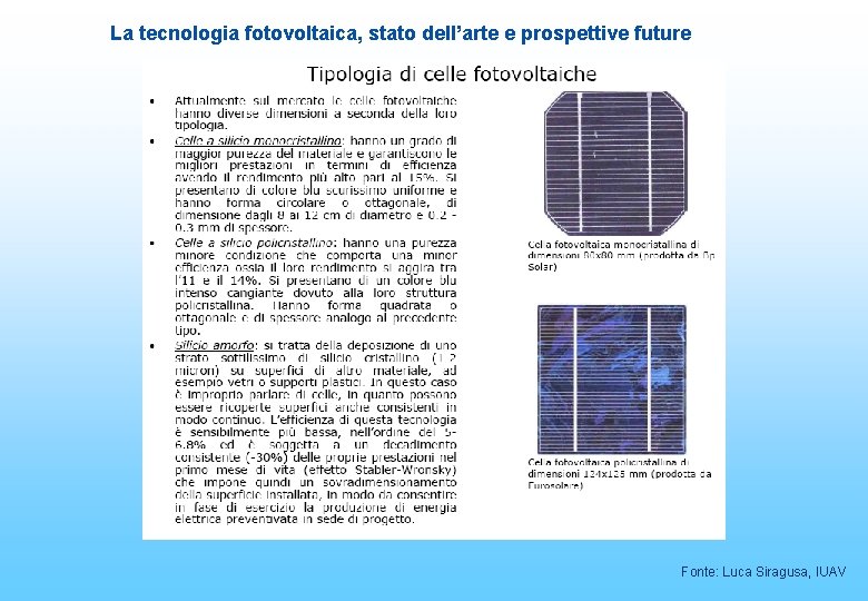 La tecnologia fotovoltaica, stato dell’arte e prospettive future Fonte: Luca Siragusa, IUAV 