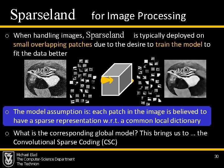 Sparseland for Image Processing o When handling images, Sparseland is typically deployed on small