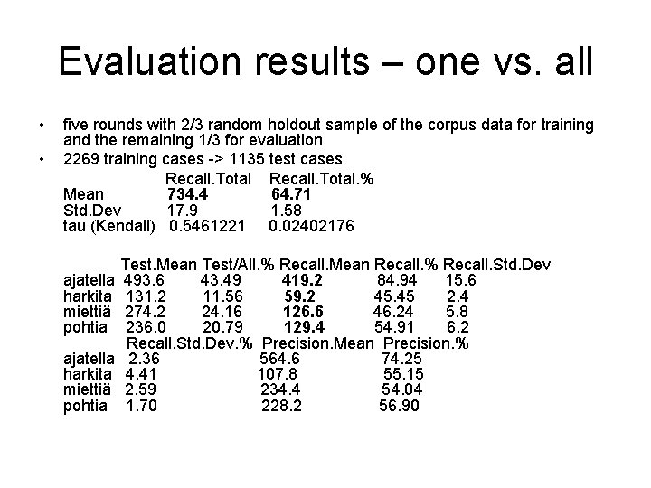 Evaluation results – one vs. all • • five rounds with 2/3 random holdout