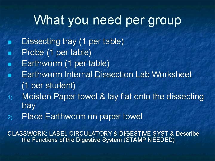 What you need per group n n 1) 2) Dissecting tray (1 per table)