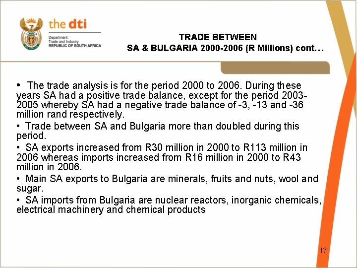 TRADE BETWEEN SA & BULGARIA 2000 -2006 (R Millions) cont… • The trade analysis