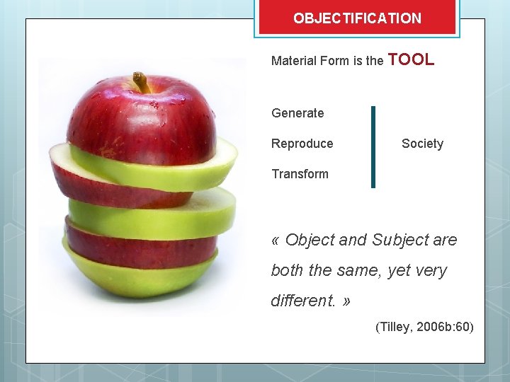 OBJECTIFICATION Material Form is the TOOL Generate Reproduce Society Transform « Object and Subject