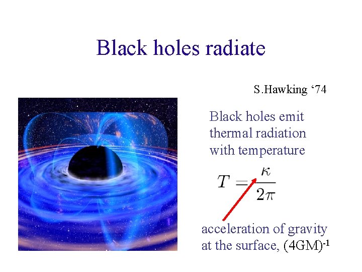 Black holes radiate S. Hawking ‘ 74 Black holes emit thermal radiation with temperature