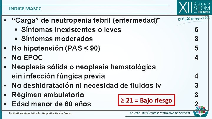 INDICE MASCC • “Carga” de neutropenia febril (enfermedad)* § Síntomas inexistentes o leves §