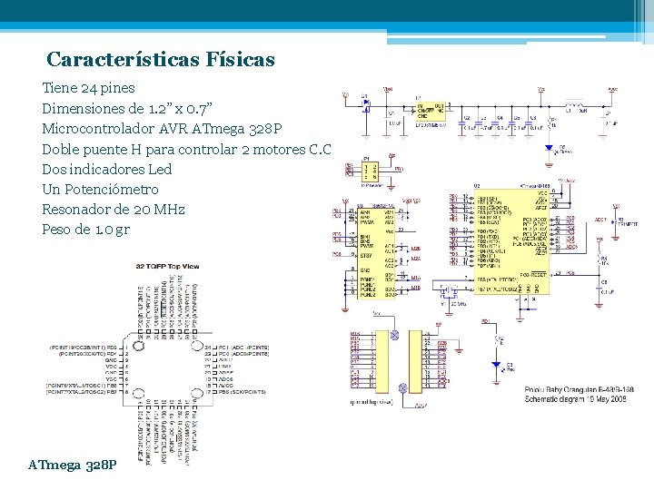 Características Físicas Tiene 24 pines Dimensiones de 1. 2” x 0. 7” Microcontrolador AVR